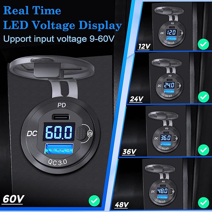 9V-60V USB Charger, 12V 24V 36V 48V 60V USB Outlet Aluminum Car Socket, PD 36W and QC 18W Car Port Outlet Waterproof Cigarette Lighter Replacement DIY Kit with Power Switch for Boat Golf Cart, etc.