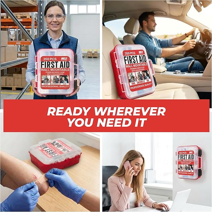 M2 BASICS 350 Piece First Aid Kit, Wall Mount Hard Case with Dual Layer Compartments for Workplace, Office, Warehouse, Home, Car