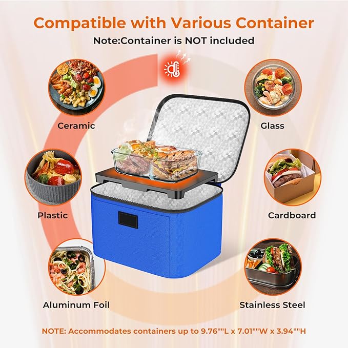 Portable Electric Lunch Box Food Heater,12V/24V/110V Food Warmer Lunch Box, Mini Portable Oven Car Food Warmer, Heated Lunch Bag for Adults Office Travel Work Truck Meal Reheating, Blue