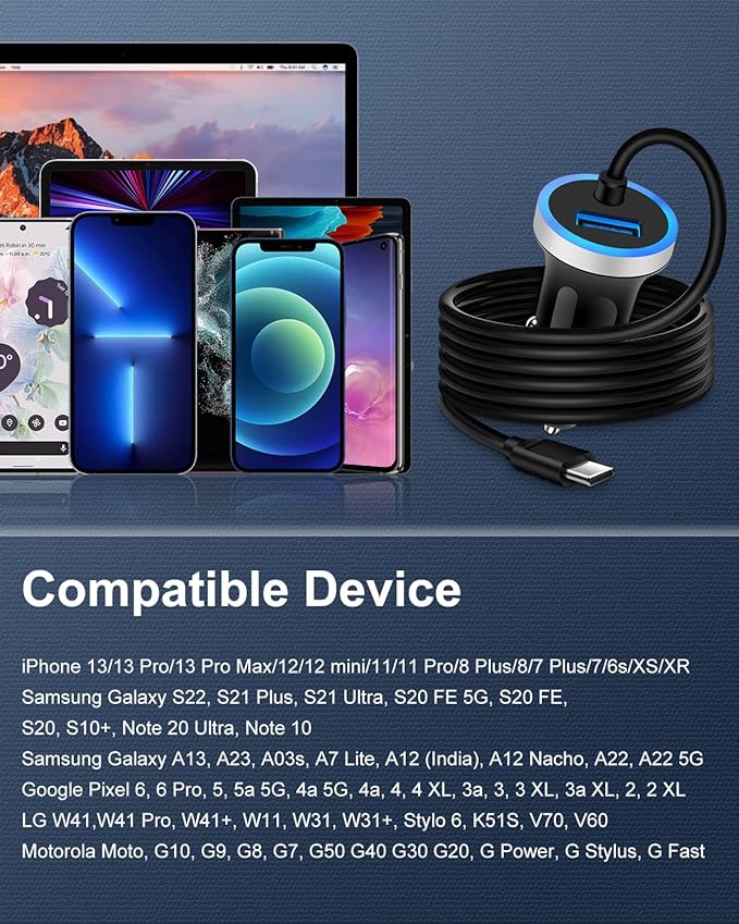 Cell Phone Car Charger for Samsung Galaxy A17 A16 A25 A15 5G A13 A14 A24 A03s S26 S25 S24 Ultra iPhone 17e 17 16e 16, USB C Cigarette Lighter Adapter Usbc Cord Fast Charging Typec Cargador Cable Auto