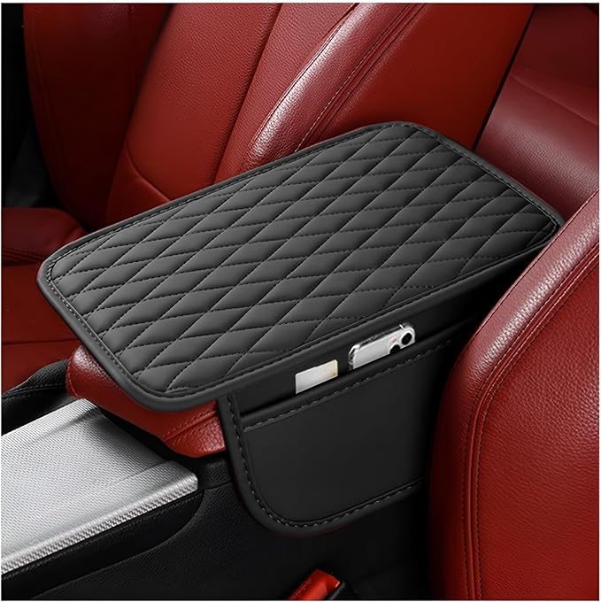 Car Center Console Cover, Leather Vehicle Armrest Seat Box Cushion Pad with Storage Bags, Waterproof Automotive Middle Console Protector, Universal for SUV RV Truck (Black)