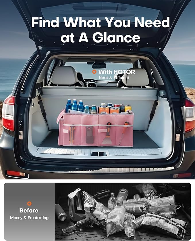 HOTOR Foldable Trunk Organizer - SUV & Sedan Compatible, 2 Compartments, Pink, 23.6"14.2"10.6" Sturdy Car Organization for Accessories, Tools, Sundries