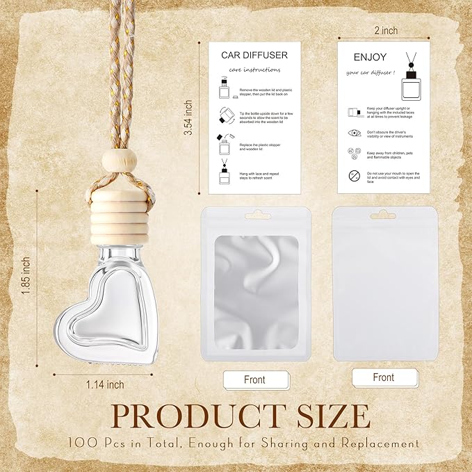 Boao 100 Sets Hanging Car Air Freshener Diffuser Bottles with Instruction Card and 4 x 6'' Resealable Holographic Bag for Empty Car Essential Oil Perfume Bottles Packaging (Heart)