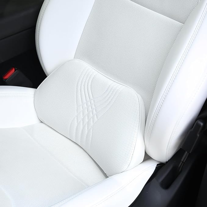 Lumbar Support Pillow for Car Seat, Office Chair Nappa Leather Memory Foam Lower Back Cushion for Back Pain Relief Improve Posture, Ergonomic Back Rest for Gaming Chair, White, 1PC