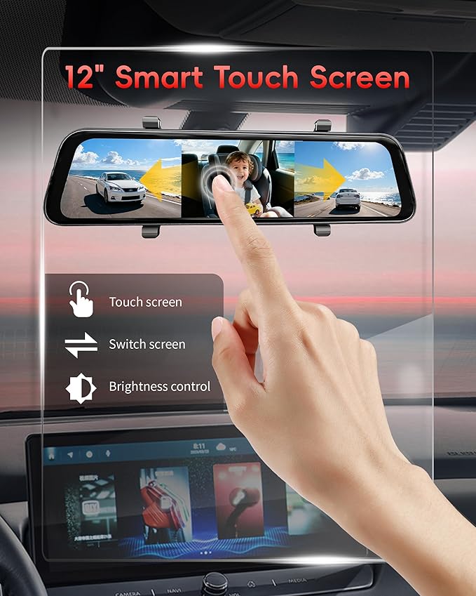 12" 4K Mirror Dash Cam with STARVIS 2 Sensor,View Rear Mirror Camera 2.5K with Back Seat Car Baby Monitor 1080P,Built-in 5.8G WiFi GPS, APP Control,Night Vision,for Family Car Safety