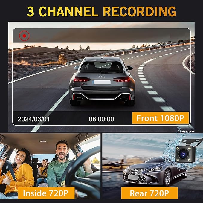 Dash Camera, 3 Channel Dash Cam Front and Rear, Full HD Dash Camera for Cars with 64G SD Card Car Dashboard Camera Recorder with 2'' IPS Screen 170°Wide Angle,WDR G-Sensor Parking Mode