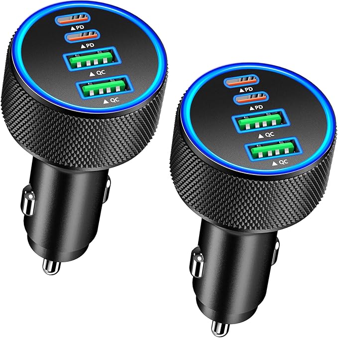 Car Charger USB C, Rombica 2Pack 4-Port 90W Dual USB-C&USB-A Car Power Cigarette Lighter Adapter PD/QC3.0 Type C Fast Car Charging for iPhone 17 17 Pro Max 16 15 14 13 12 11/Galaxy S26 S25/Pixel/iPad