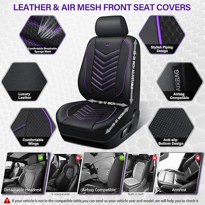 CAR PASS 3D Foam Mesh Leather Car Seat Covers Front Seats, Breathable Front Seat Cover for Cars, Comfortable Universal Fit for SUV Truck Sedan Automotive Anti-Slip Airbag Compatible, Black and Purple