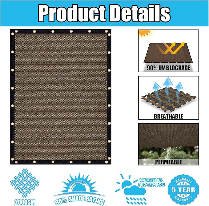 Amagenix 90% Shade Fabric 11'X 23' Mocha Sun Shade Cloth with Grommets for Pergola Replacement Shade Cover Canopy, Heavy Duty, Cable Zip Ties Included (We Customized)