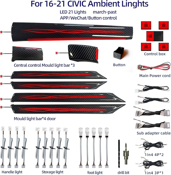 Ambient Lighting Kit Custom for 10th Gen Honda Civic - 256 Color LED Interior Car Lights with Carbon Fiber Trim, APP Control, Plug-&-Play Installation for Doors/Dashboard/Footwell (2016-2021)
