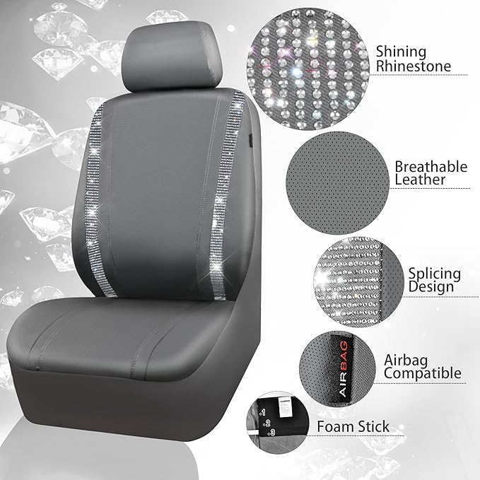 CAR PASS Gray Leather Bling Diamond Car Seat Covers 2 Front Interior Sets, Waterproof Universal Shining Glitter Crystal Sparkle Fit for 95% Automotive Truck SUV Cute Women Girl, Gray Rhinestone