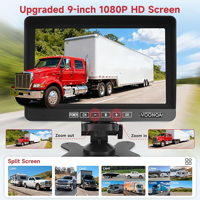 Wireless RV Backup Camera System, 9" 1080P DVR Monitor with 4 IP69 Waterproof Night Vision Side Rear View Back Up Cameras for Trailer Truck Camper Compatible with Furrion Mount