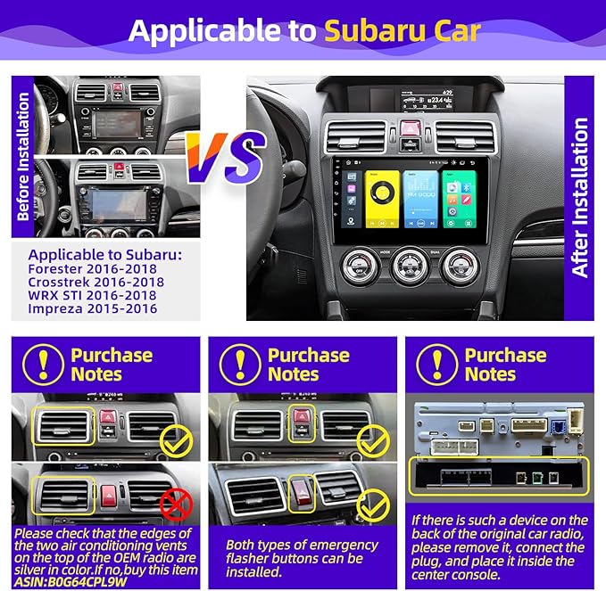 Android Car Radio Upgrade Compatible with Wireless Carplay Android Auto for Subaru Forester Impreza WRX 8 Core TouchScreen Stereo Bluetooth GPS WIFI AM/FM Camera Navigation Head Unit (2016-2018)