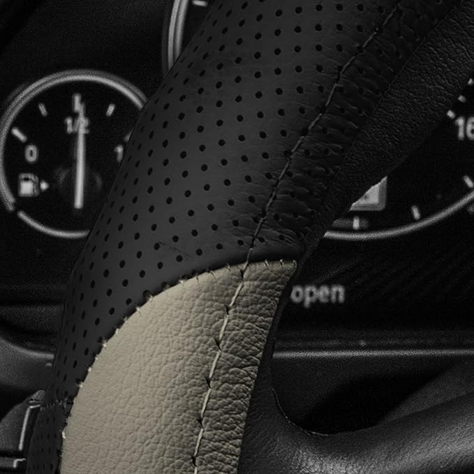 FH Group Universal Fit Perforated Genuine Leather Beige Black Steering Wheel Cover Fits Most Cars, SUVs