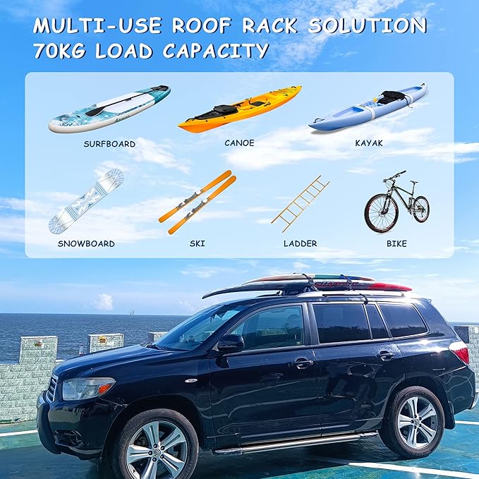 AQUBONA Universal Car Soft Roof Rack Pads，Luggage Carrier Capacity Load 158lb for Kayak/Canoe/Surfboard/Paddle with Adjustable & Steady Tie-Down Straps and Storage Bag