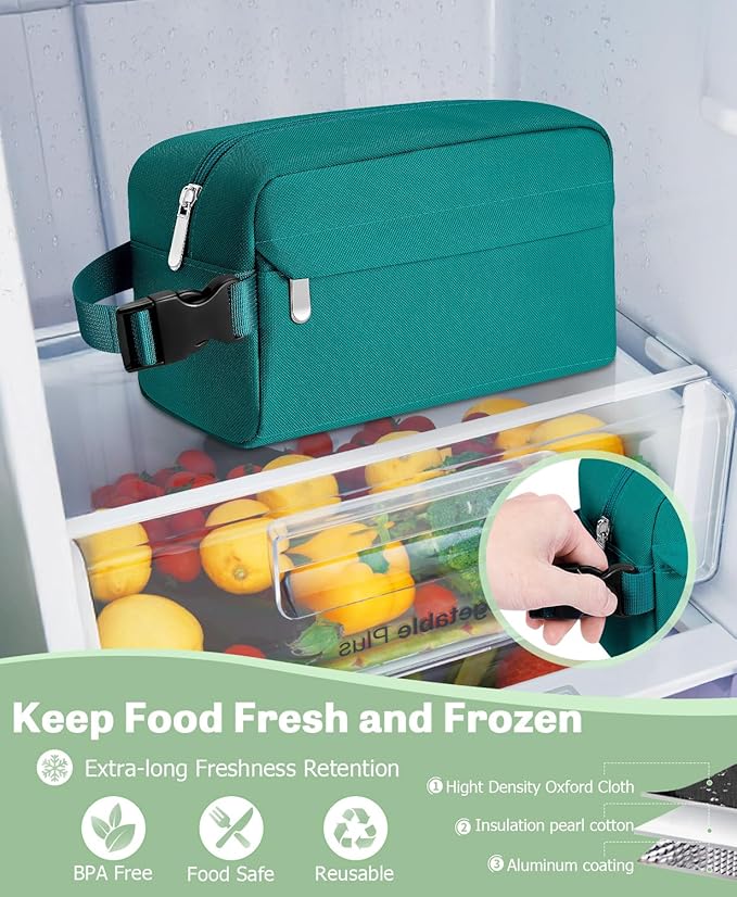 Small Insulated Snack Bag Lunch Bag for Kids Lunch Box for Women/Men, Collapsible [3L/5-Can] Reusable Lunch Bag Cooler Bag for Bottle with Handle Buckle for Work/School/Travel,Peacock Green