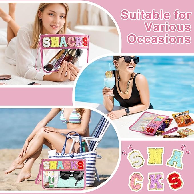 Snack Bag for Travel - Clear Chenille Varsity Letter Flat Pouch with Zipper, 12.2×8.46 inch Waterproof Clear Nylon Preppy Patch Makeup Cosmetic tote Bags for Women Girls