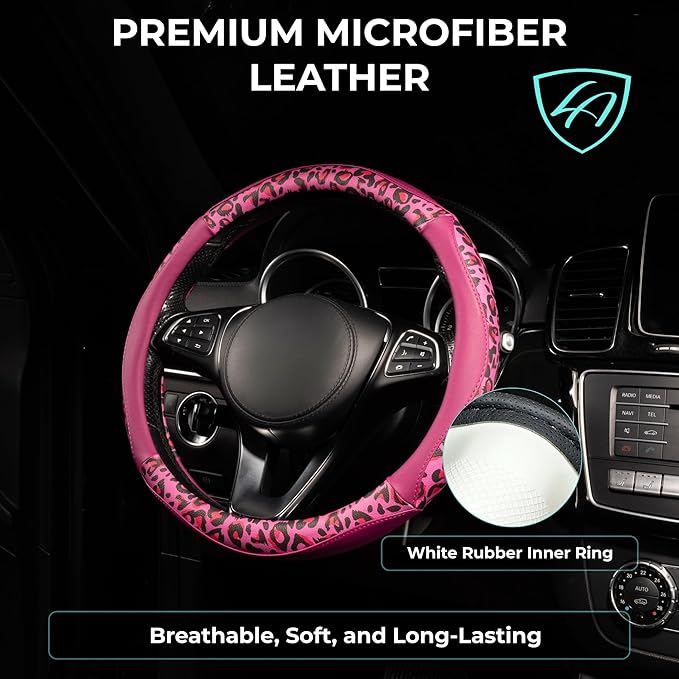 Lord Autofashion Steering Wheel Cover – PU Leather, Non-Slip Rubber Inner, All-Season Comfort – 14.5–15 Inch (Black/Pink Tiger 8684)