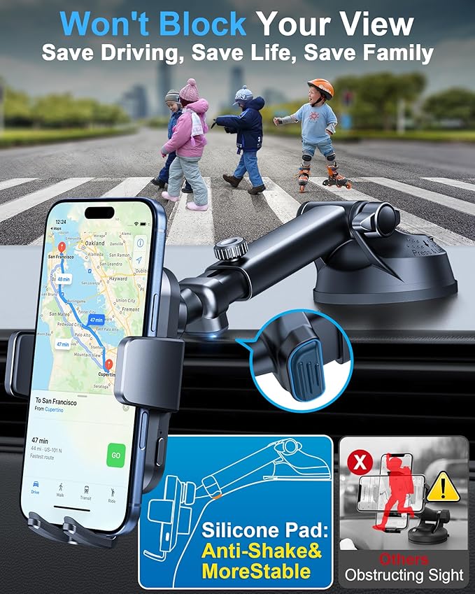 YRU [True Military-Grade] Wireless Car Charger Mount, 15W Charging Auto Clamping Car Phone Holder [98+LBS Strong] Dashboard Windshield Vent Cellphone Holder for iPhone 17 16 15 Pro Max Samsung, Black