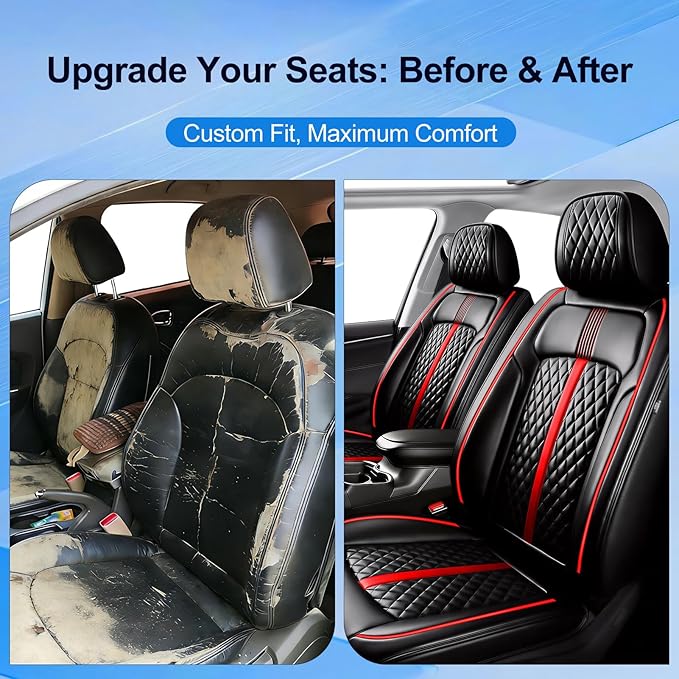 Fit Trax Car Seat Covers for Chevrolet/Chevy Trax 2015-2026 - Luxury Full Coverage Leather, Waterproof & All Weather Seat Cushion Protector, Airbag Compatible, Full Set, Black with Red Trim