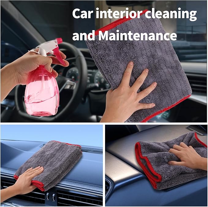 2-Pack 1200 GSM Car Drying Towels – Microfiber Towels for Cars (36" x 12"), Ultra-Absorbent, Streak-Free, Scratch-Free, No Water Spots, Double-Coral Fleece Microfiber & Gray & Red Hemmed Edges