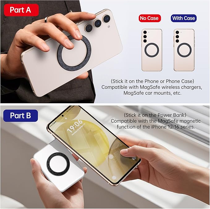 PZOZ A/B Dual-Sided (1 Set) Magnetic Ring Sticker for MagSafe iPhone 16 Holder Phone Case Suction Cup Wireless Charger Car Mount Bathroom Kitchen, for iPhone 15 14 13 12 Pro Max, Samsung (Black)