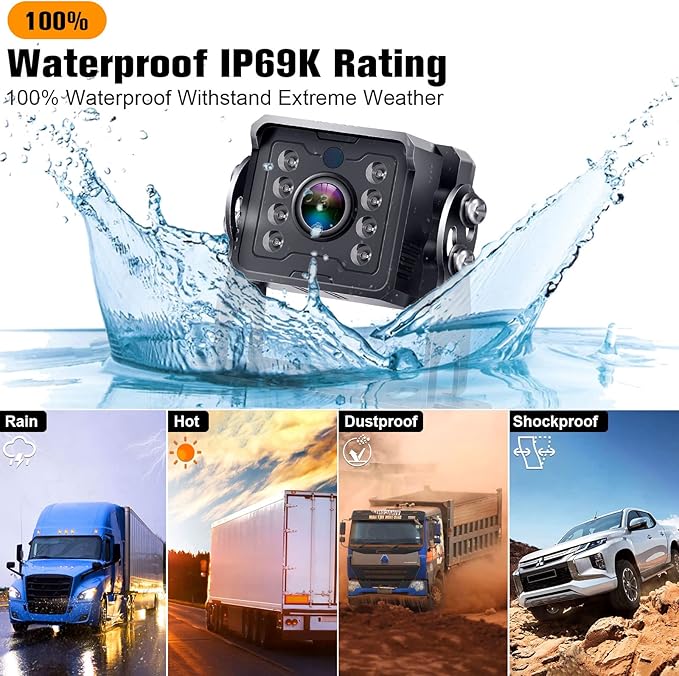 Dual RV Backup Camera System: 7" Monitor with Split Screen No Lag Easy Installation Plug and Play HD 1080P Rear View Camera Wired Kit IP69 Waterproof IR Crystal Night Vision for Truck Tractor R4
