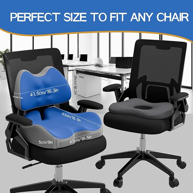 Benazcap Large Memory Foam Seat Cushion Lumbar Support Pillow for Sciatica & Tailbone Pressure Relief Coccyx Pad for Office Chair, Wheelchair, Car, Home, Office, Blue