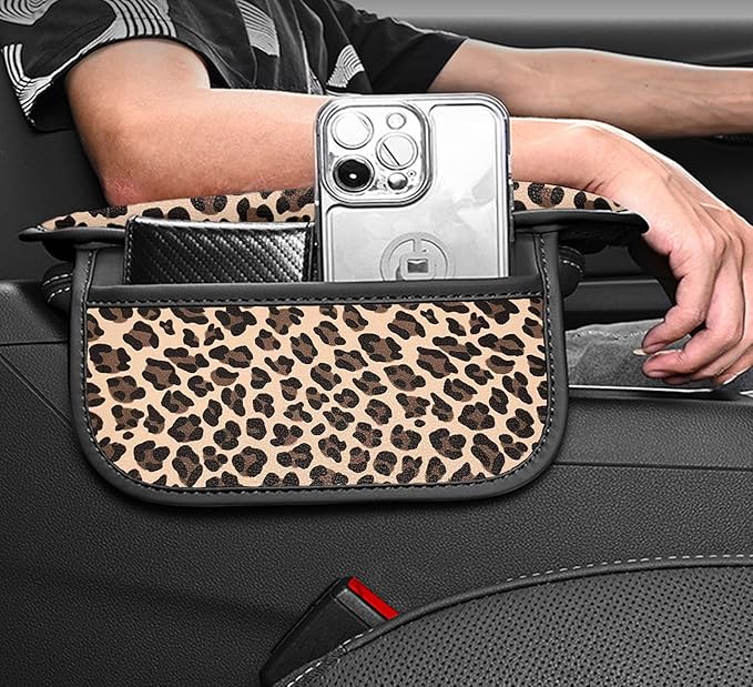 Dotesy Cheetah Print Car Center Console Cover,Microfiber Leather Car Armrest Pad Cushion with 2 Storage Bags,Universal Car Armrest Storage Box Car Interior Accessories for Most Vehicles Beige Tan