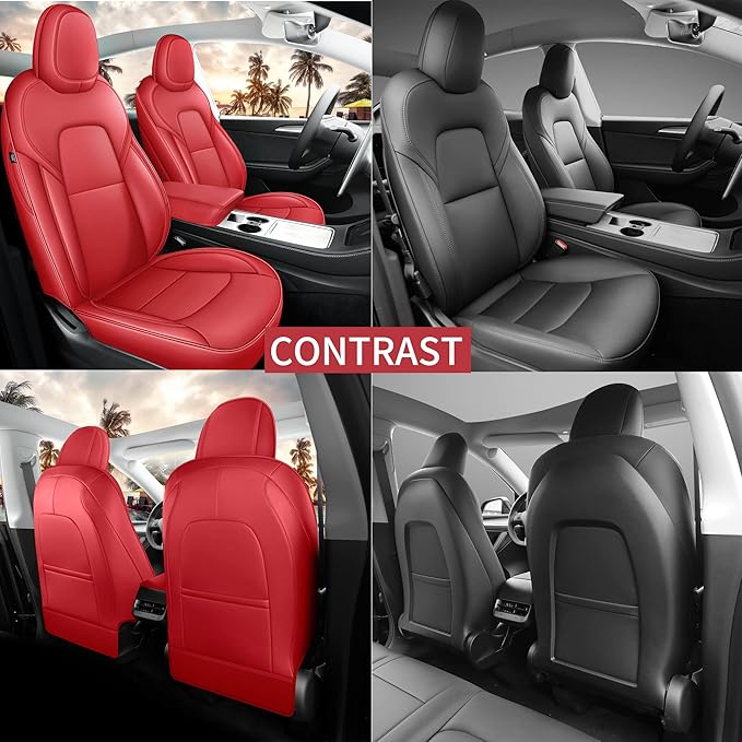 for Tesla Model Y Seat Covers 2020-2024 12pcs Waterproof Nappa Leather Seat Cover Fully Wrapped Customized for Tesla Model Y (TY-Red)