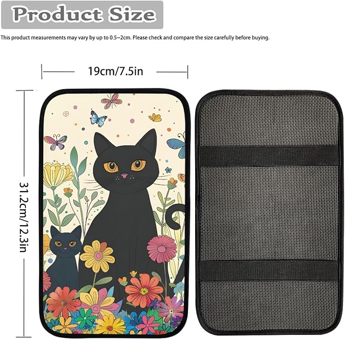 Dreaweet Car Armrest Cover Cute Black Cat Floral Car Accessories for Women Car Center Console Pad Universal Fit Armrest Cover Protector for Cars,SUV,Trucks