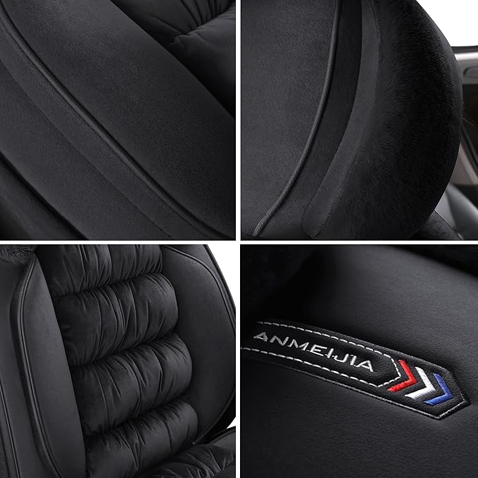 AOOG Fuzzy Car Seat Covers, Heated Bench Back Cushion Protector for Cars SUV Trucks(Full Set,Black)