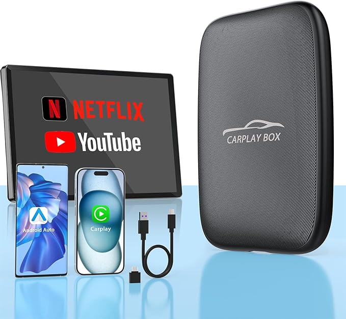 2026 New Wireless CarPlay Adapter Support Netflix/YouTube/TF, 5-in-1 Android Auto & Carplay Adapter with USB-A and USB-C Cables,Convert Wired to Wireless Apple Dongle, Video Box Car Play for iOS 10+