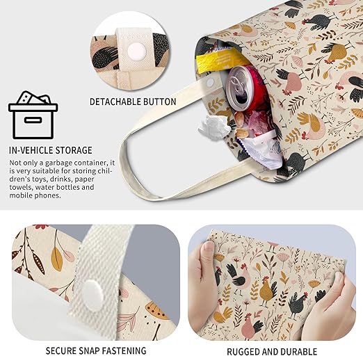Cute Car Trash Can, Hanging Canvas Car Back Seat Organizer and Storage Bag, Funny Car Trash Bag For Travelling, Outdoor Cute Boho Chicken