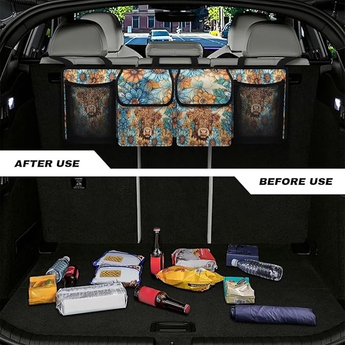 Hippie Floral Highland Cow Trunk Organizer Car Women Large Capacity Car Back Seat Organizer Car Organization with Lid