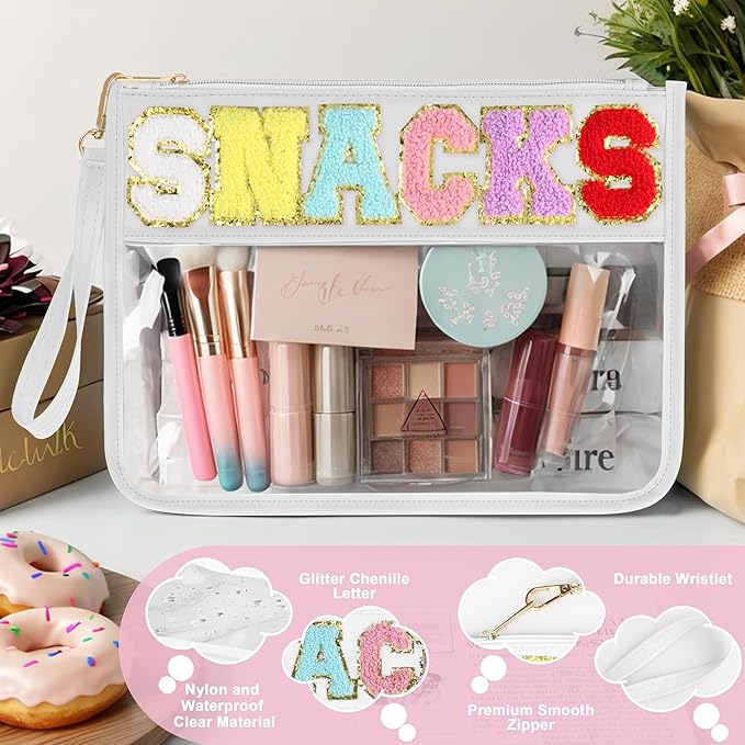 Snack Bag for Travel - Clear Chenille Varsity Letter Flat Pouch with Zipper, 12.2×8.46 inch Waterproof Clear Nylon Preppy Patch Makeup Cosmetic tote Bags for Women Girls
