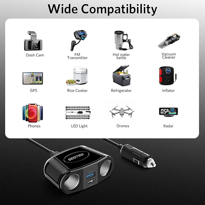 BESTEK 4 in 1 Cigarette Lighter Splitter-150W Cigarette Lighter Adapter with Dual 12v Splitter QC3.0 and USB-C PD30W, Cigarette Lighter USB Charger Fast Charger for Dash Cam, GPS, iPad/Laptop/Phone