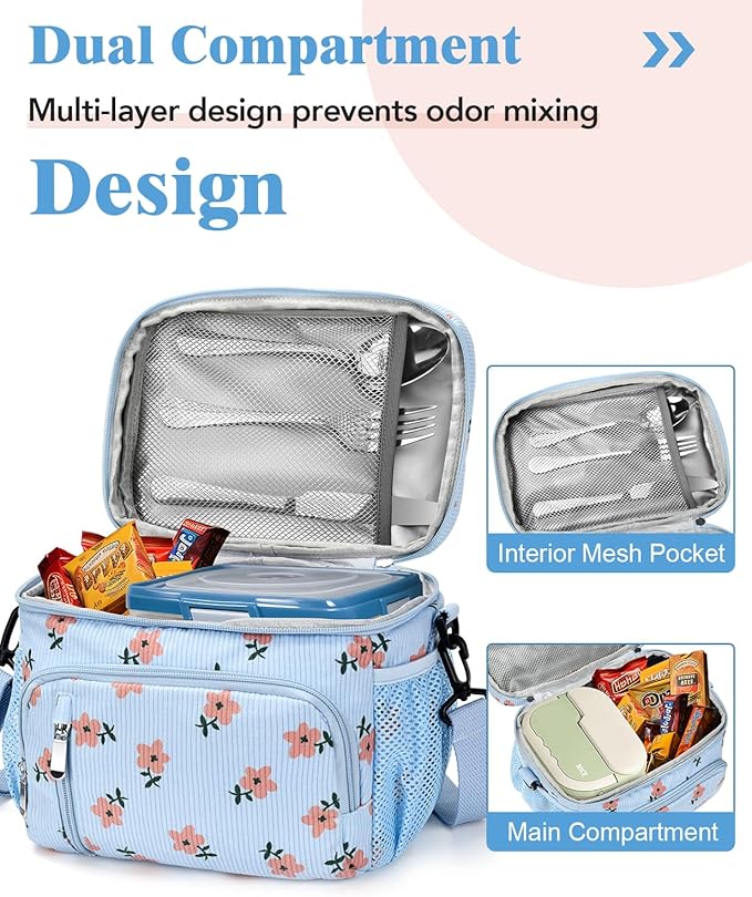 Insulated Lunch Bag for Men & Women, 9L Leakproof Lunch Box Soft Cooler Tote with 5 Pockets, 600D Oxford, EVA Lining, Adjustable Strap for Work, Picnic, Beach&Travel-Corduroy Pink Flower