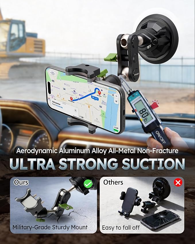 Heavy Duty Truck Phone Mount, Aluminum 360° Rotating Anti-shake Suction Cup Phone Mount, 14.5" Long Arm Metal Windshield Phone Holder for Car Truck Semi, Fits Thick Cases F-150 Silverado RAM Kenworth