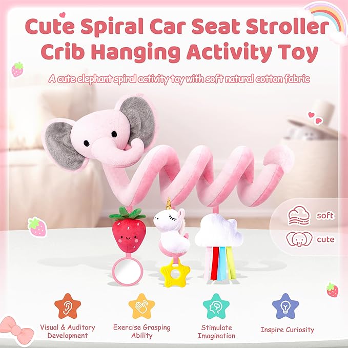 Spiral Car Seat Toys for Baby Girls 0-6 Months, Cute Pink Elephant Strawberry Stuff, Perfect Newborn Shower Gifts for Girls Essentials