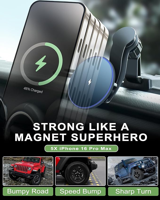 Magnetic Jeep Phone Mount for 2018-2023 Wrangler JL JLU & Gladiator JT with 15W Wireless Charging- Dashboard Phone Holder with Magsafe for Jeep Wrangler & Gladiator 2/4 Doors Accessories (Not for 4XE)