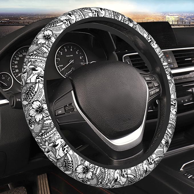 Hawaiian Polynesian Tribal Tatoo Car Steering Wheel Cover for Women Men 14-15 Inch Stretch Cloth Anti-Slip Wrap Protector Case Fit Universal Auto Accessories Decor Sweat Absorption