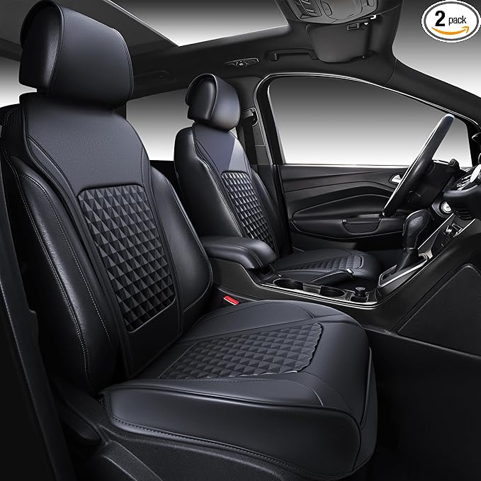 CAR PASS 2Pack Front Car Seat Covers Leather Memory Foam Water Proof Seat Protector Universal Fit for Cars SUVs Trucks Most Vehicles, 3D Foam Rhombus Sideless, Airbag Compatible Non-Slip, 2 Pcs Black