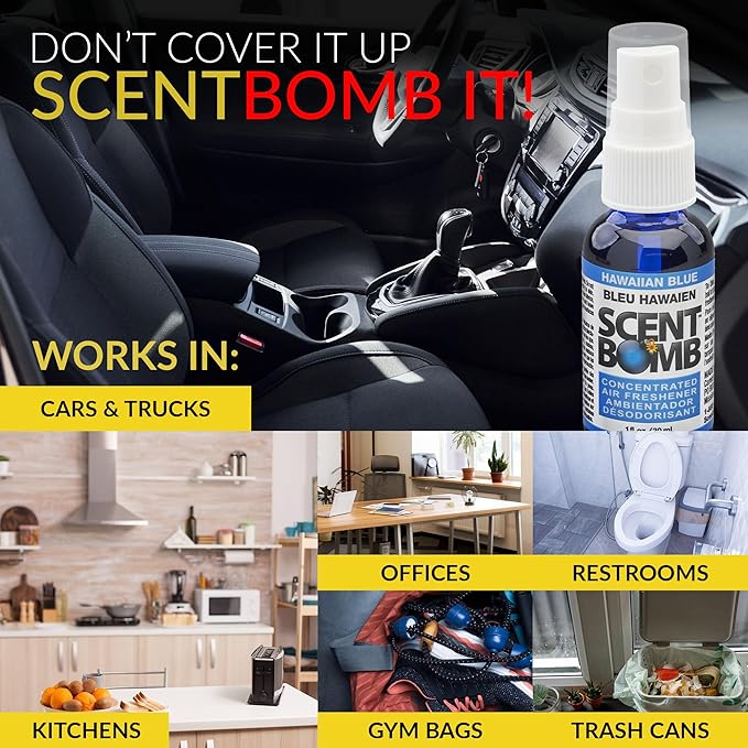 Scent Bomb Air Freshener Spray, Long-Lasting Odor Eliminator - Effective Deodorizer for Home & Car, Fresh Room Spray for Kitchen, Bathroom & Smell Neutralizer - 1 oz Pack of 4, Hawaiian Blue Scent