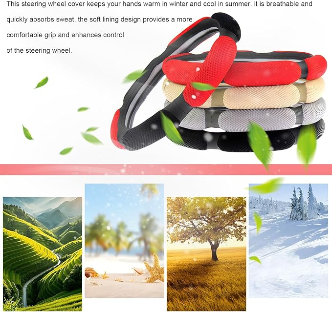 Car Steering Wheel Cover, 15" Breathable Ice Silk Auto Wheel Protector with Comfortable Grip, Anti-Slip Slip-on Steering Wheel Wrap Soft Hand Pad Cushion for Women Men (Red)