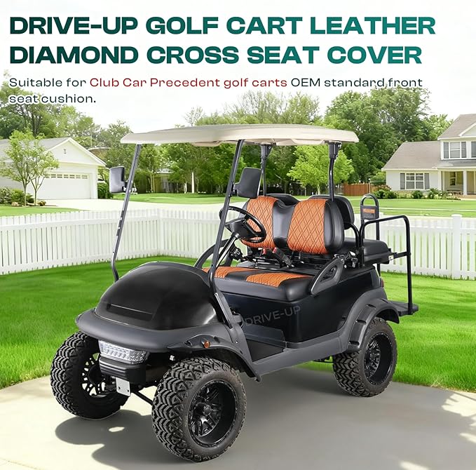 DRIVE UP Club Car Precedent Diamond Seat Covers, Brown Diamond Cross Club Car Leather Front Seat Cover, Golf Cart Seat Covers with Black Stitching Front, Waterproof and Wipe Clean