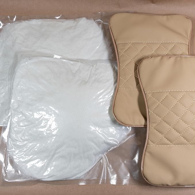 Set of 2 Quilted Faux Leather Car Headrest Pillow, Black Case/Black Threading, Ergonomic Neck Support for Comfortable Driving (Tan Base/Beige Thread)