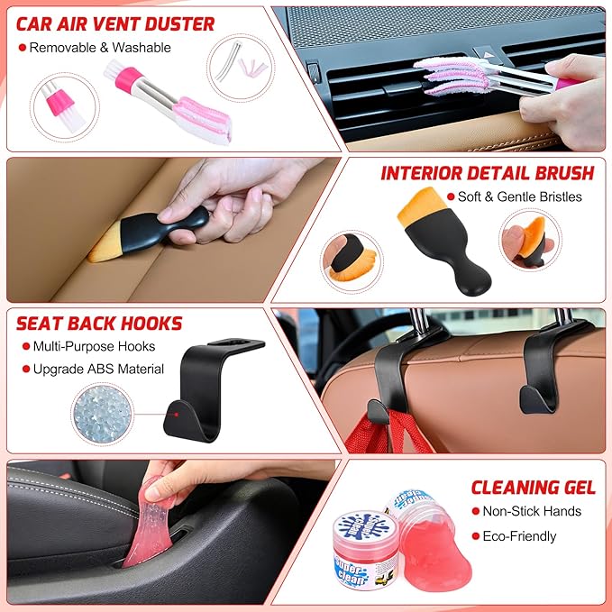 Nilight 52PCS Car Detailing Kit Auto Cleaning Tools Wash Set with Storage Carry Bag Home Use for Interior Exterior Deep Clean Polish Car Care Windshield Dashboard Seat Air Vents Wheels Tires, Red