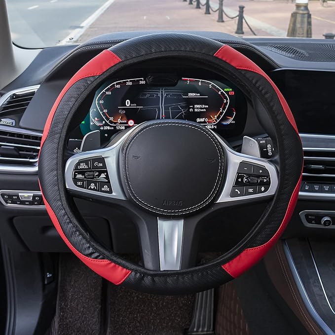 Amiss Car Steering Wheel Cover, 14.5"-15" Comfortable Anti-Slip Safety Protection Design, Microfiber PU Leather Steering Wheel Cover, Universal Fit for 95% Cars, Car Interior Accessories (Red)