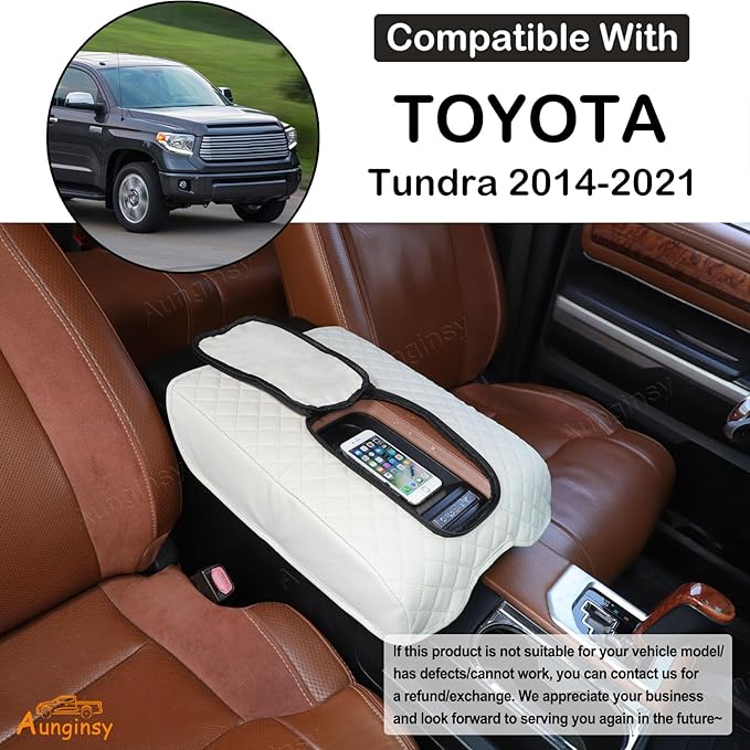 Aunginsy Leather Center Console Armrest Cover Compatible with Toyota Tundra 2014-2021, Car Middle Console Cushion Lid Pad Protector, Waterproof Armrest Seat Box Cover with Storage Bag Accessories